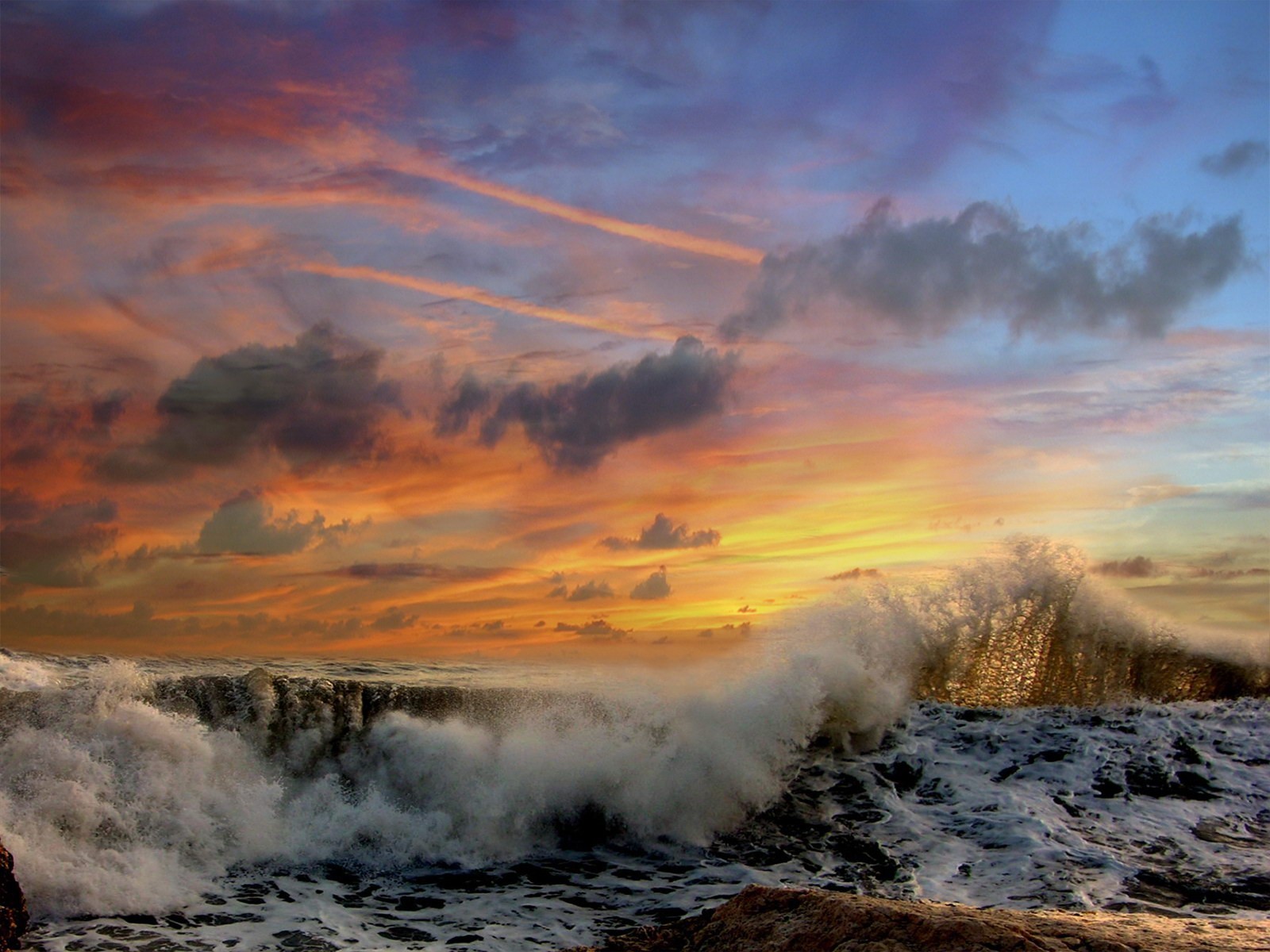 waves clouds sunset