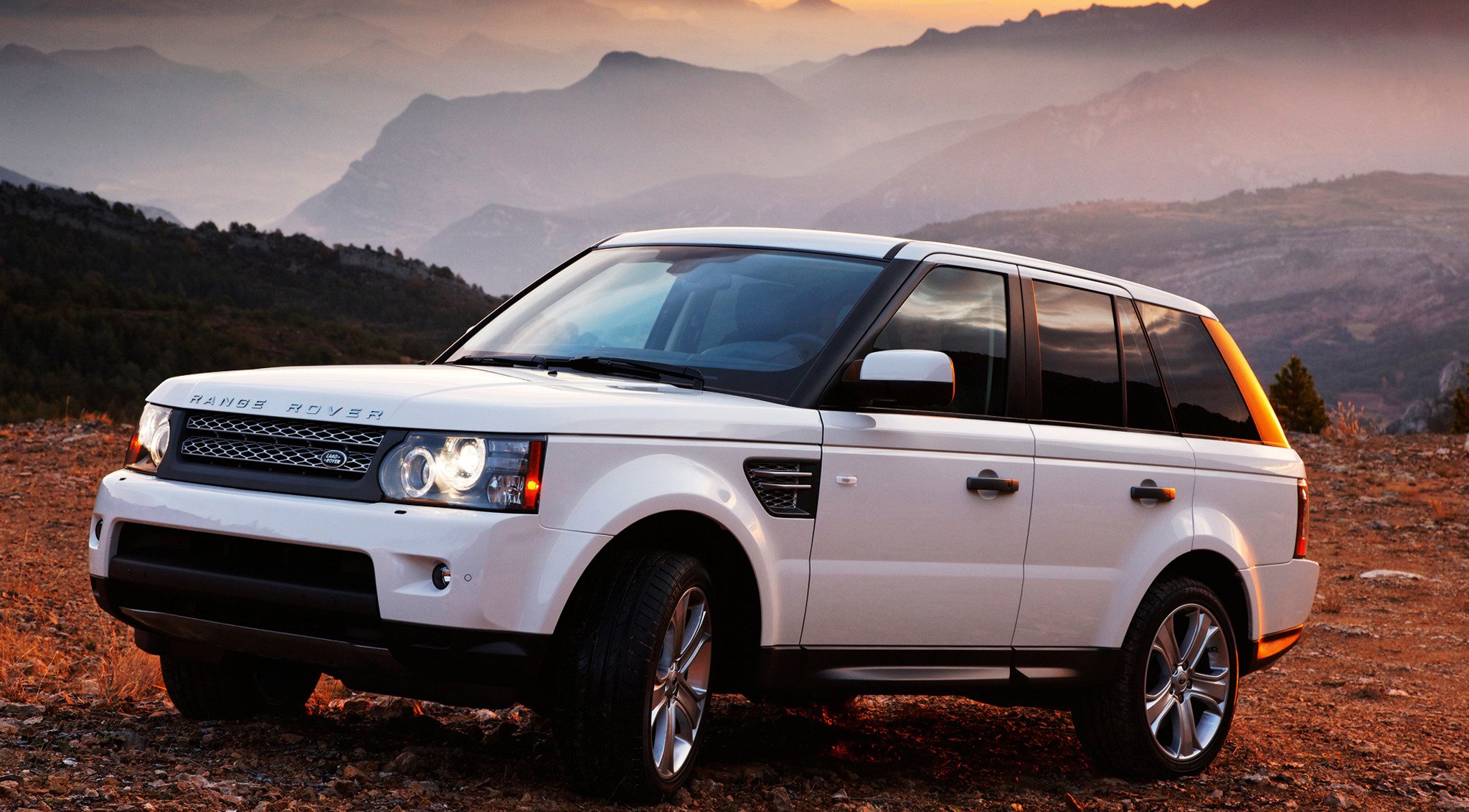 range rover blanco auto puesta de sol montañas carretillas coches