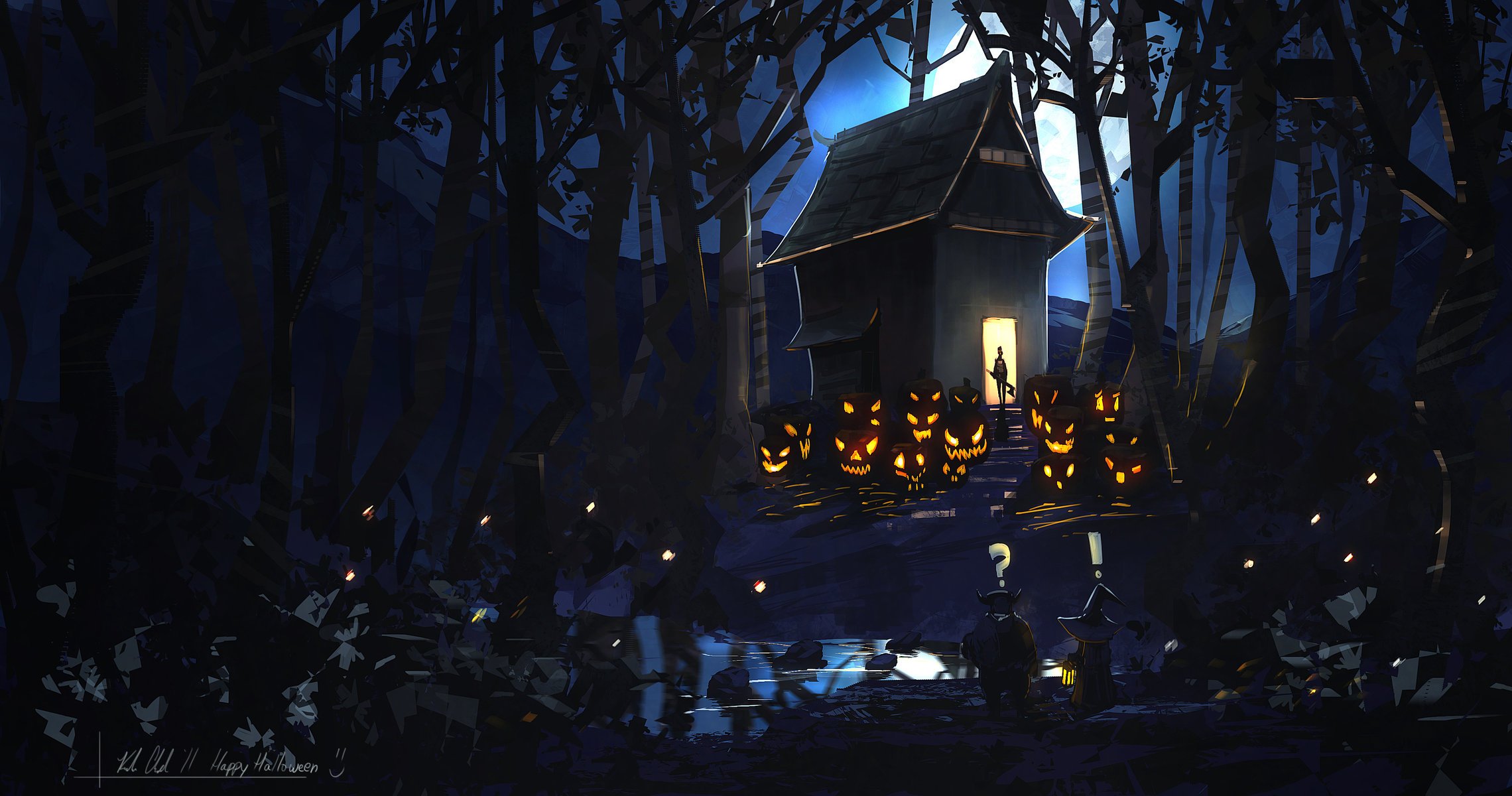 by k04sk maison mal citrouilles forêt lune art happy halloween nuit