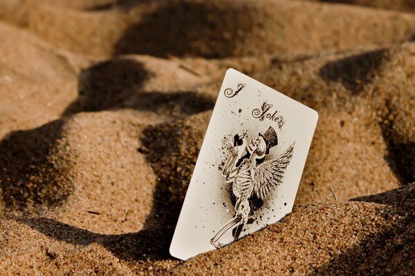 The card with the joker lies in the sand