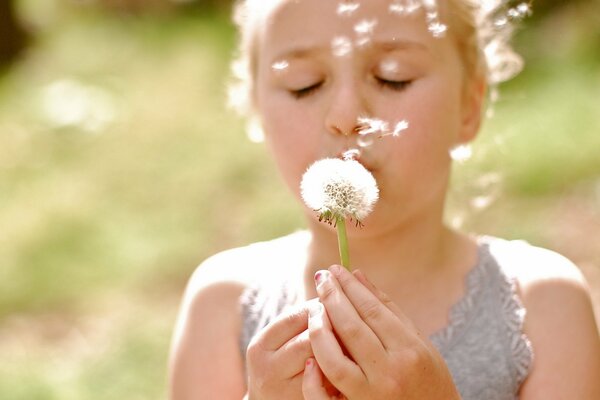 Background a girl with a dandelion in nature