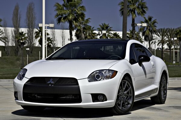 The front of the Mitsubishi on the background of palm trees