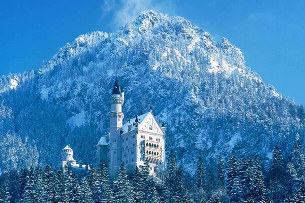 Schloss vor dem Hintergrund der schneebedeckten Berge in Bayern