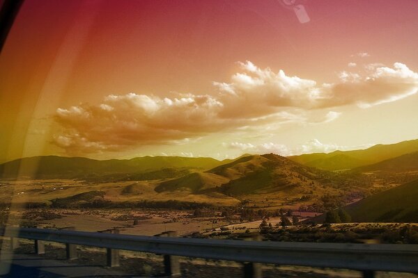 View from the car with a beautiful sky