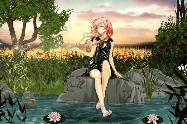 Anime girl resting on the shore of a pond