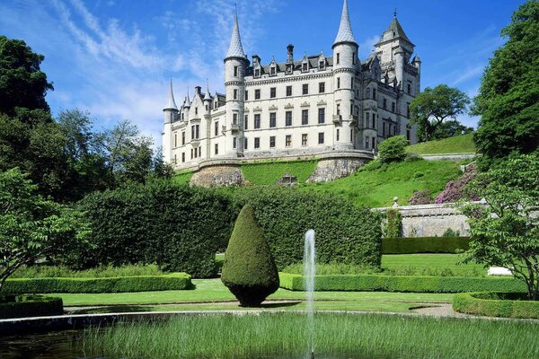 Fountain in the park at Highland Castle Scotland