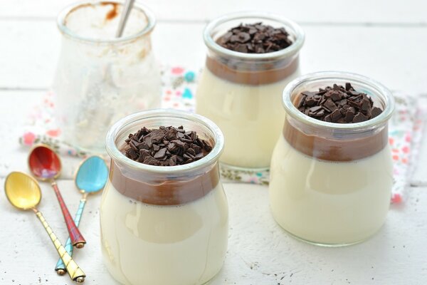 Panna Cotta mit Schokoladenpudding in Glasgefäßen