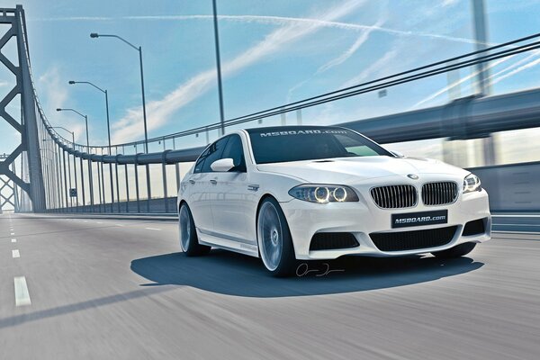 BMW blanco corre por el puente