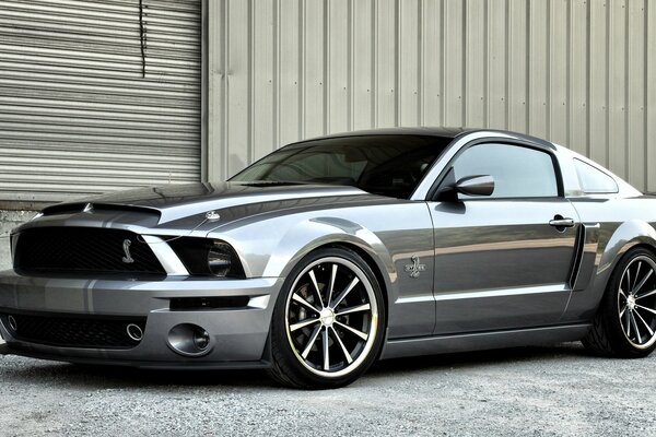 Gray Ford Mustang car next to the fence