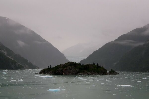 Des blocs de glace et un petit îlot