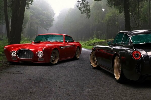 Two Ferraris on the road in the woods