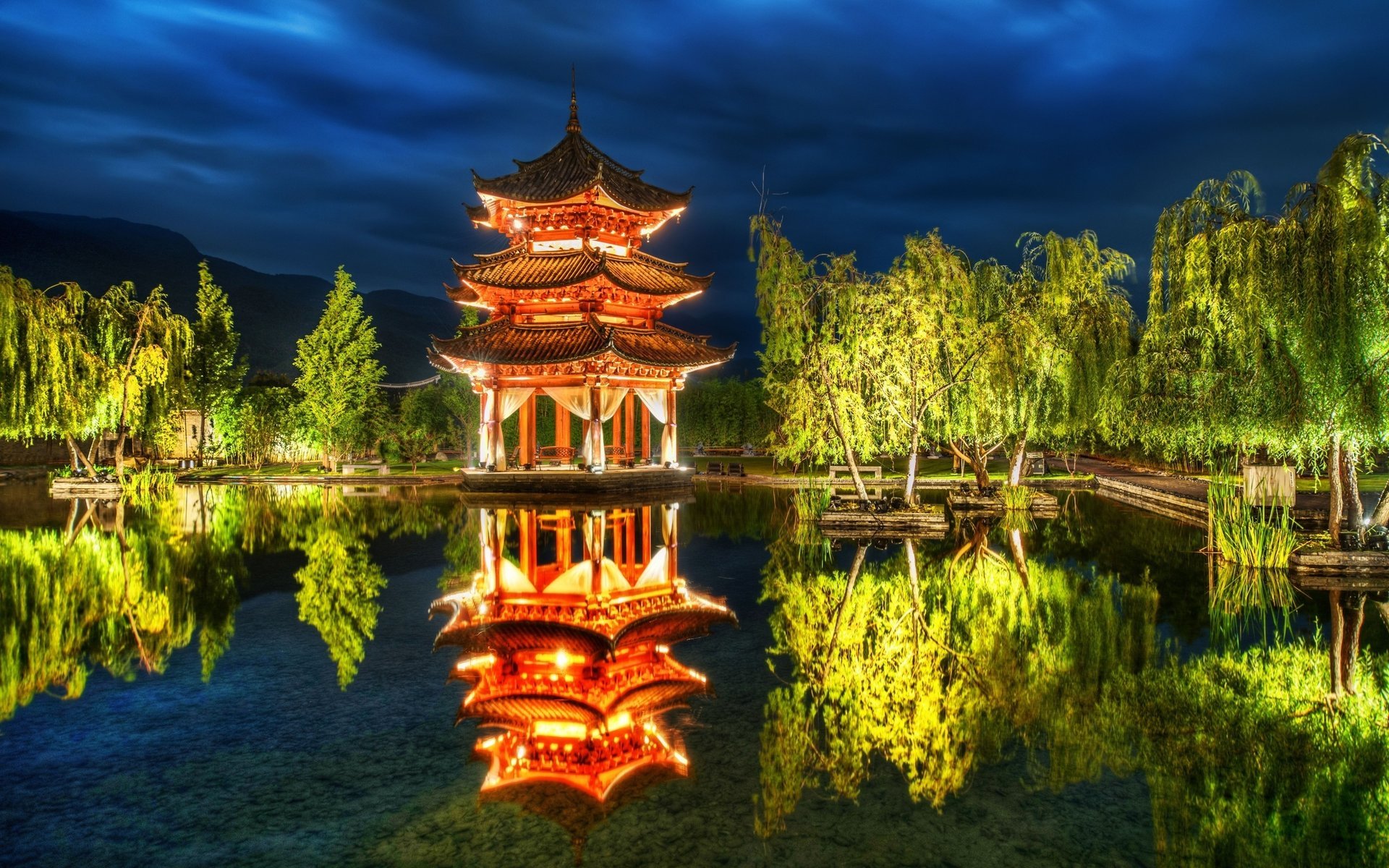 wald see nacht himmel pagode