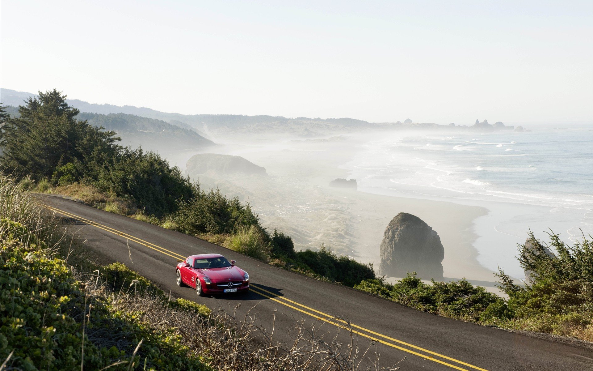 voitures arbres mer mercedes route mercedes sl