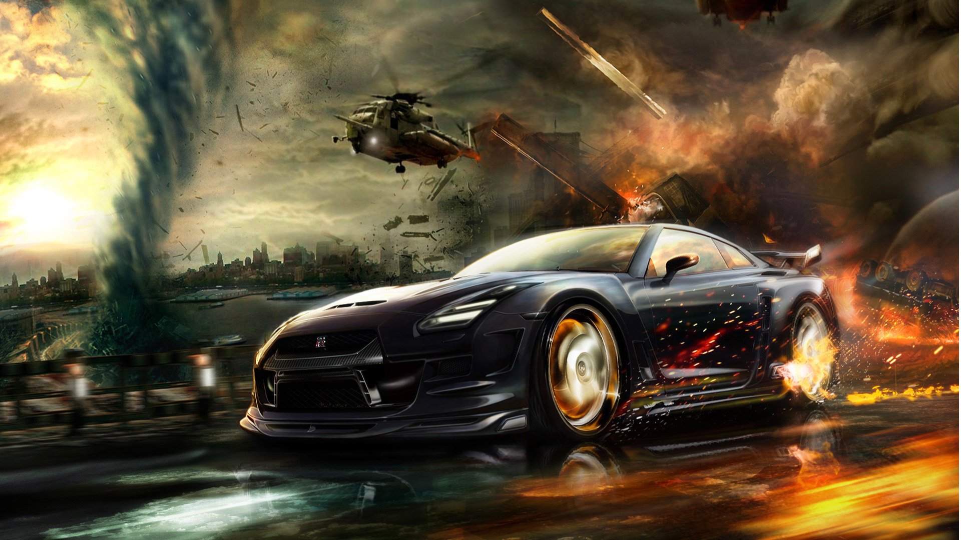 nissan gt-r car speed chase helicopters shelling tornado city fire car wheelbarrow