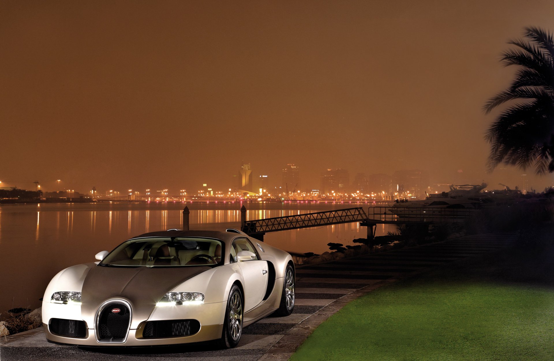 bugatti veyron car town river turf night wallpaper