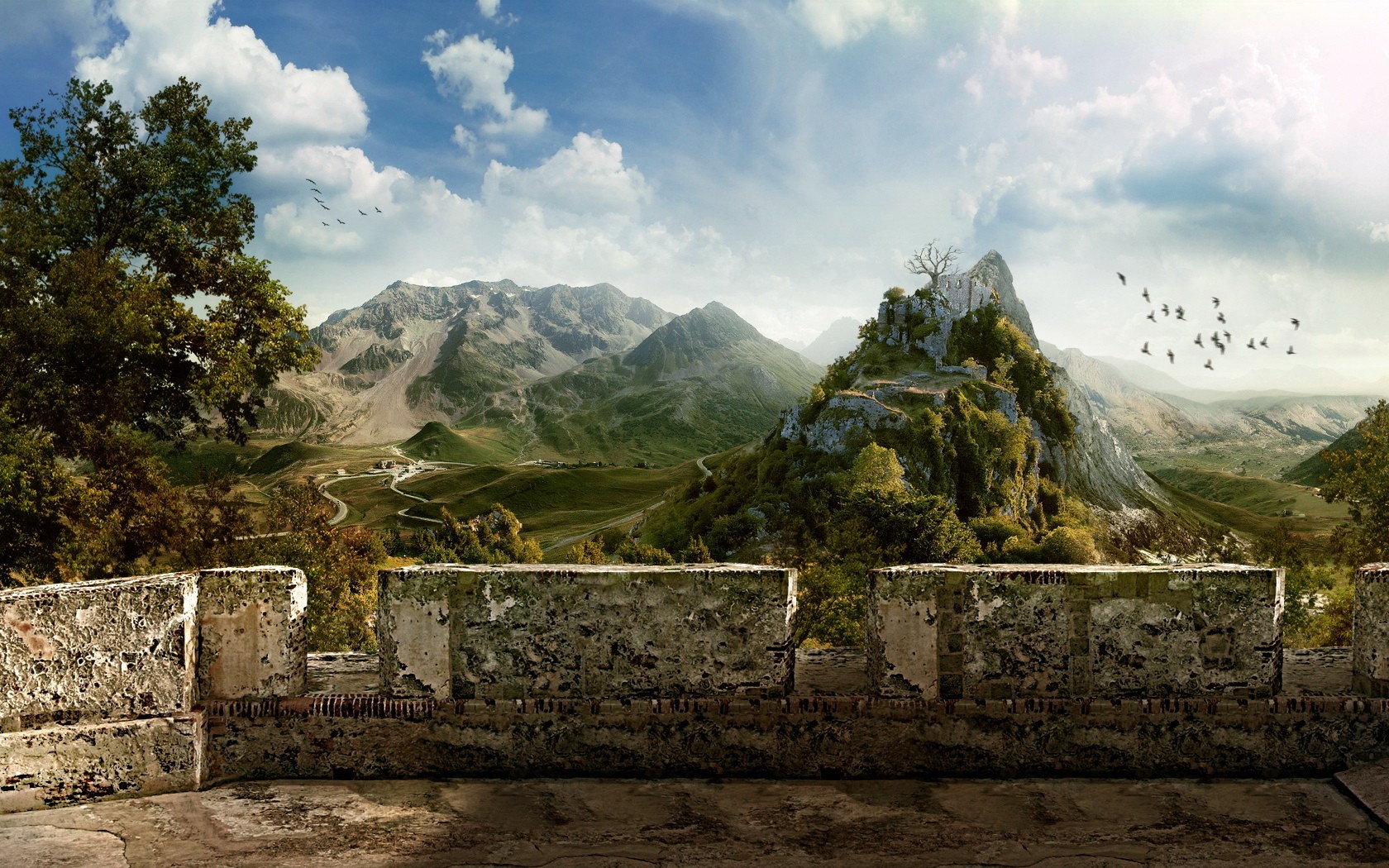 balkon vögel berge ruinen wand land himmel