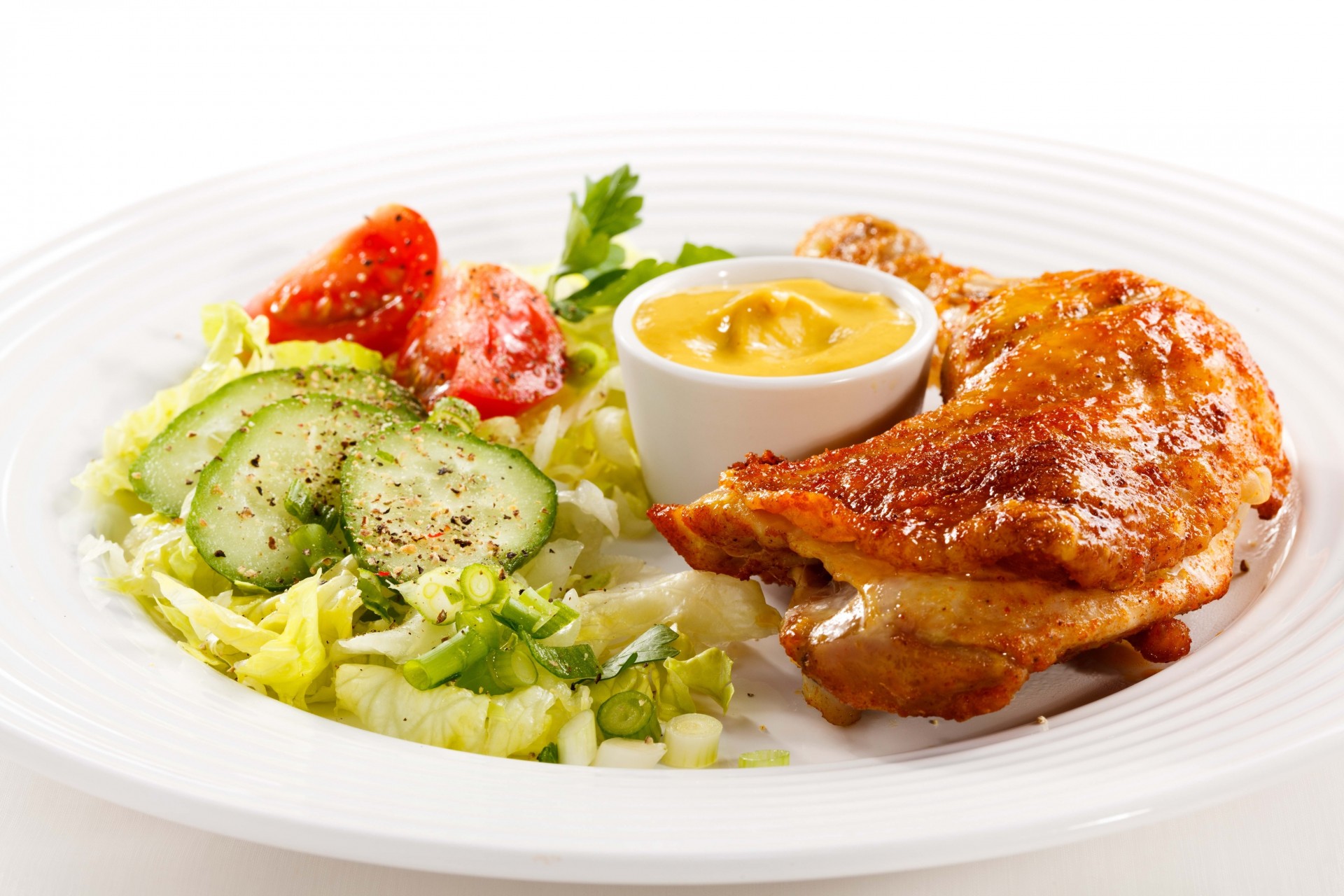 chicken leg salad plate mustard