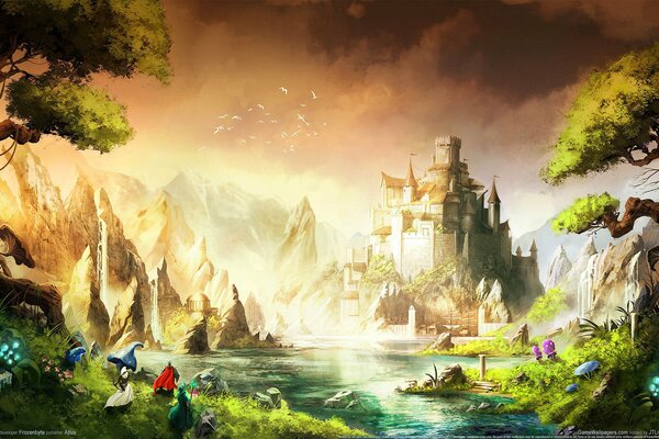 Paysage peint avec rivière, cascade et château