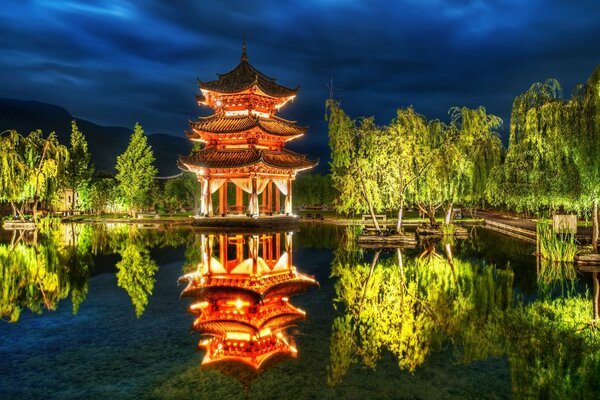 Temple sur les rives d un beau lac