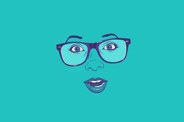 The surprised face of a woman with glasses on a turquoise background