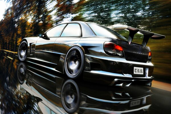 Photo of Subaru impreza at speed with reflection