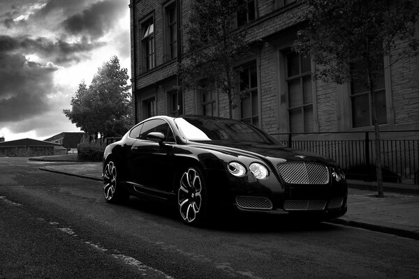 Bentley se encuentra junto a la casa sobre un fondo blanco y negro