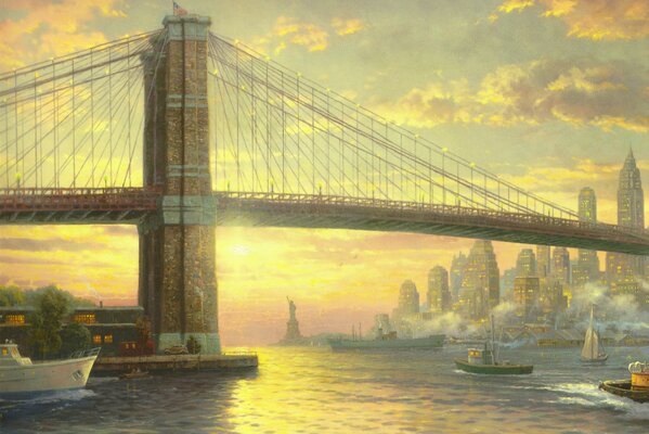 Dipinto di Thomas Kinkade del ponte di New York con la bandiera americana