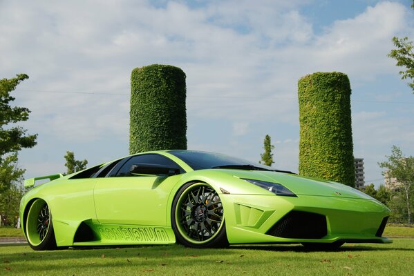 Tuning light green car on the background of trees