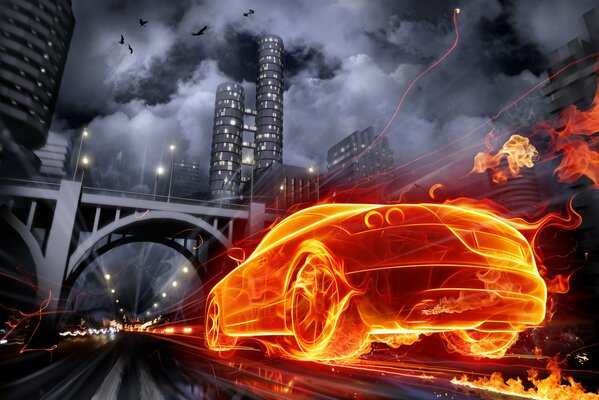 Fire car on the graph in the city