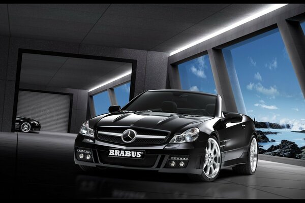 Black Mercedes Benz. panoramic windows