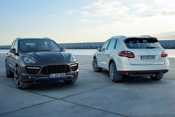 Hybrid Porsche Cayenne in black and white