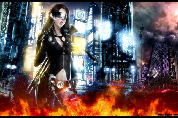 A girl on fire against the backdrop of skyscrapers