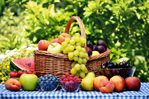 Fruits and berries in a basket on the table