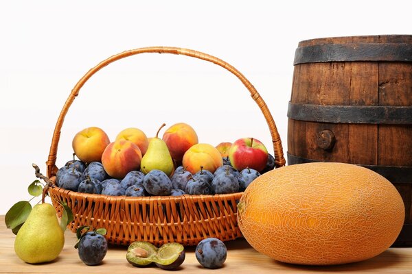 Fruit basket next to the barrel