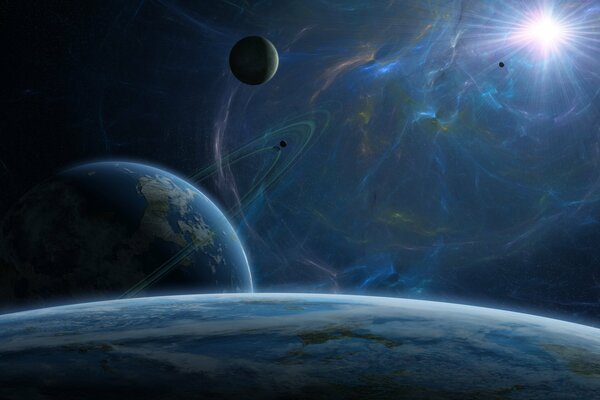Изображение планеты с кольцами в космосе на фоне солнца