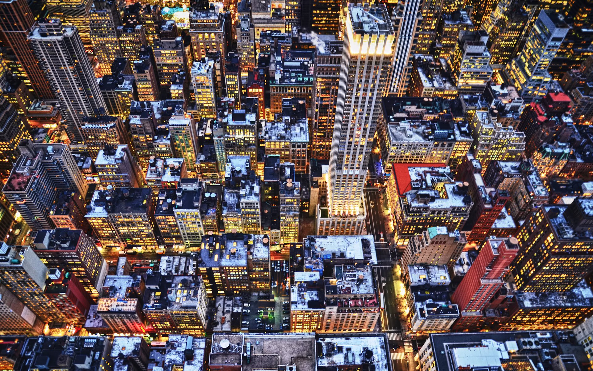 new york skyscrapers lights the evening winter roof building