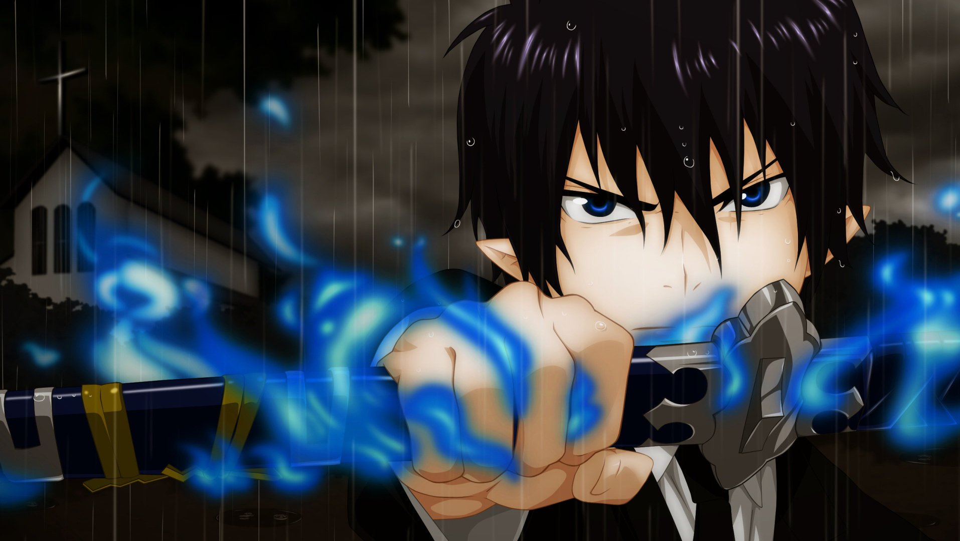 rin okumura fiamma blu esorcista blu sfondo spada