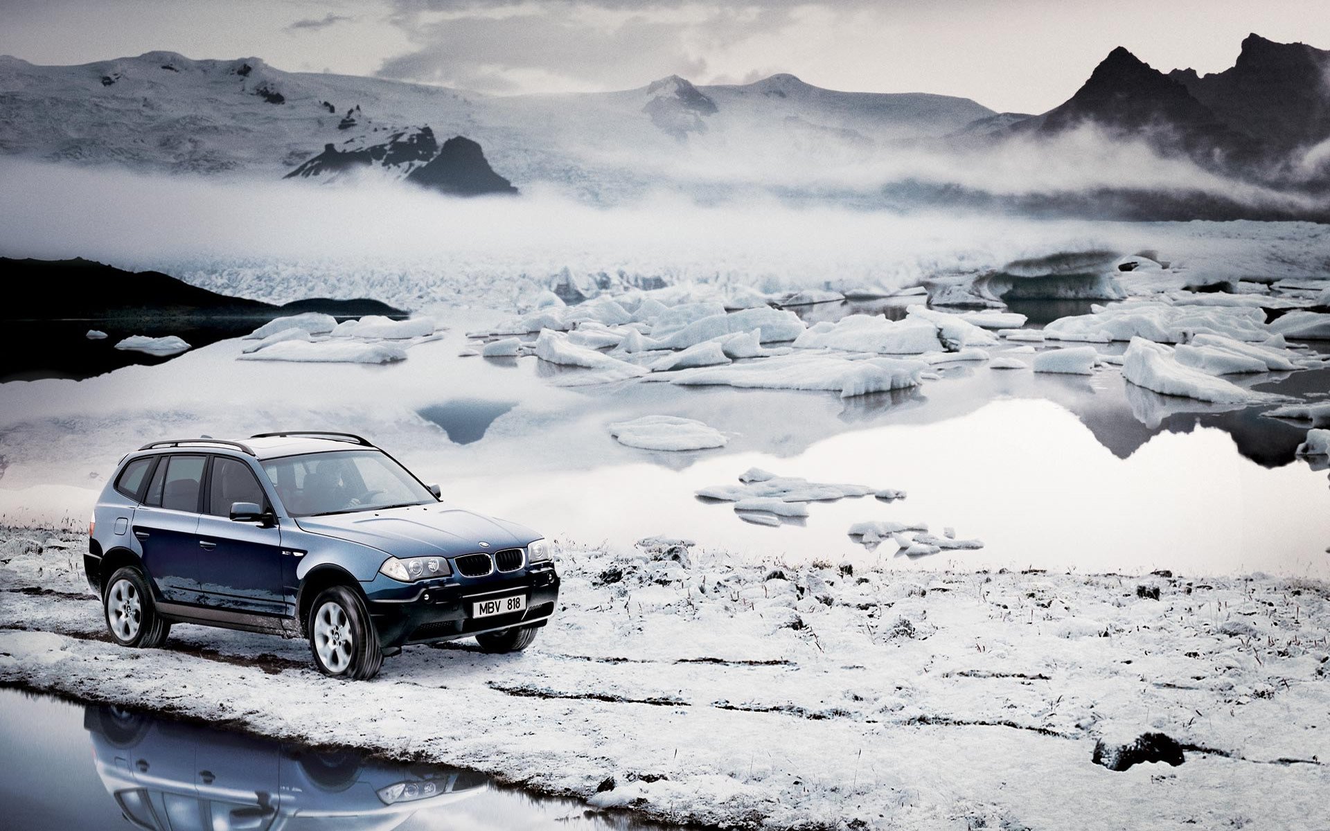 coches bmw bmw nieve invierno témpanos de hielo frío escarcha agua niebla cielo montañas