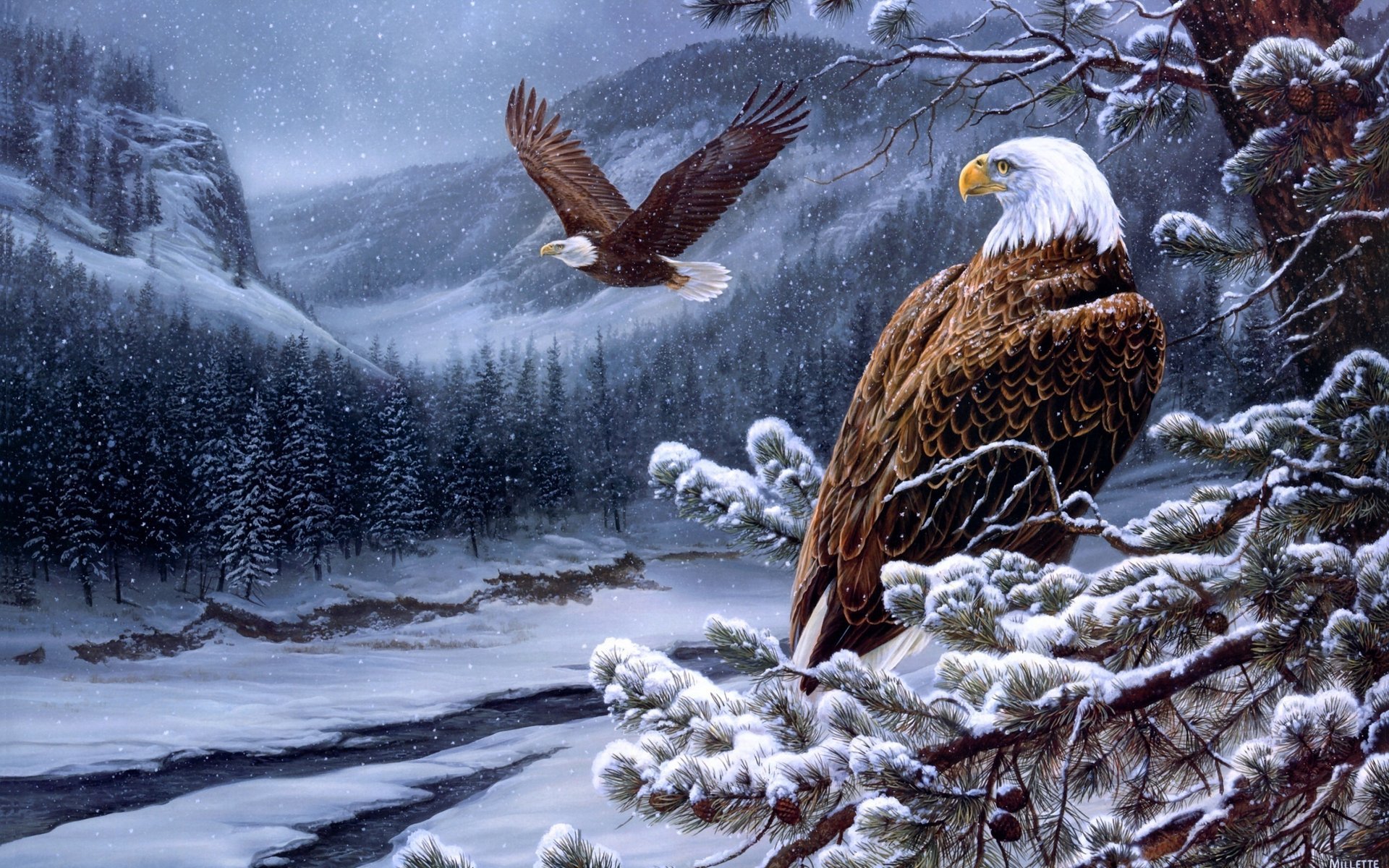 pirit of the wild-bald eagles живопись painting rosemary milette eagles winter river