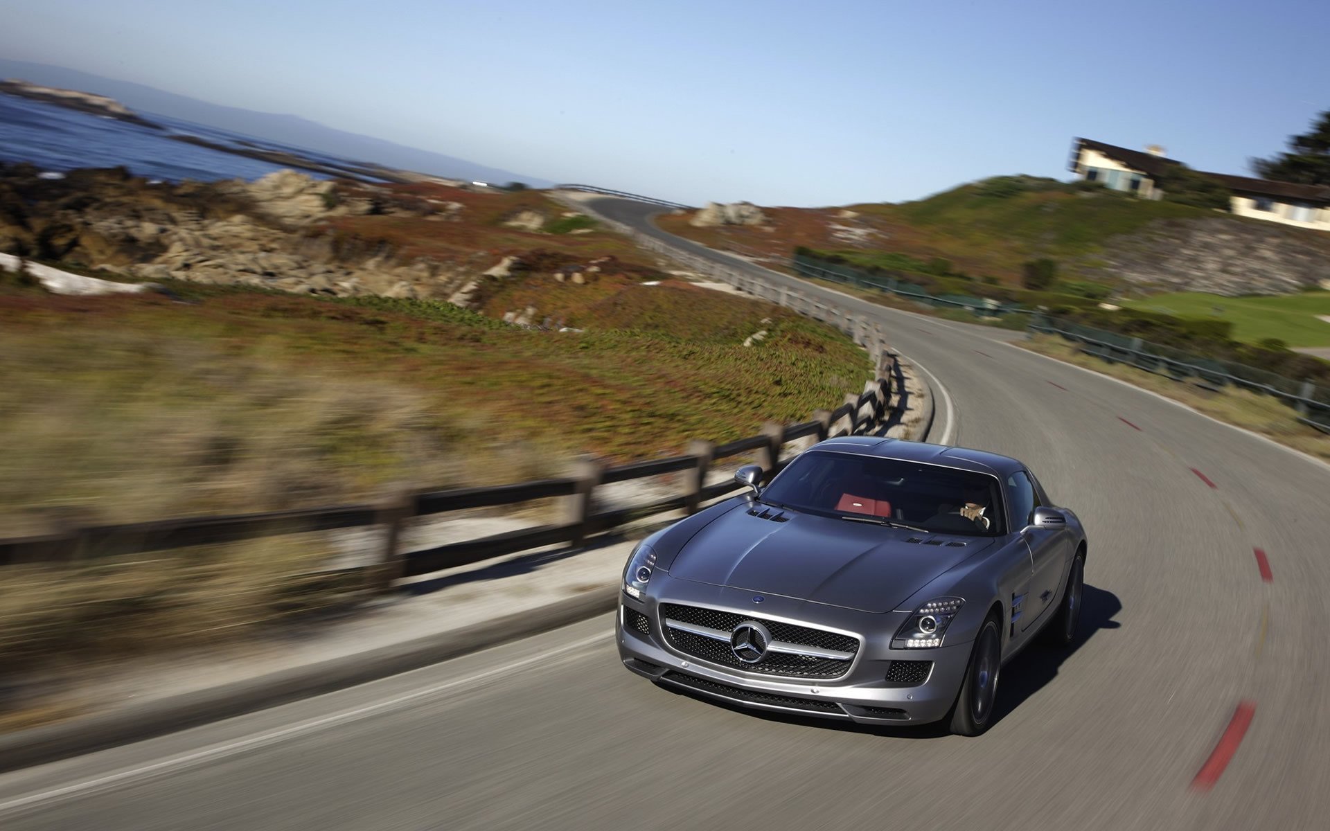 mercedes benz sls amg road speed fence stone