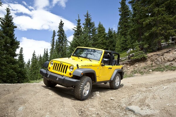 Yellow jeep on the serpentine road