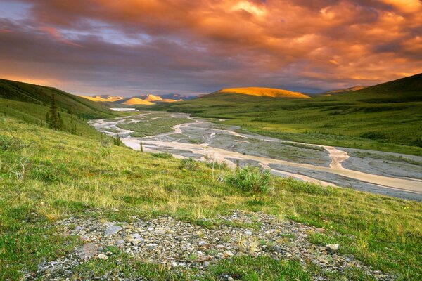 Evening landscape of the river bank