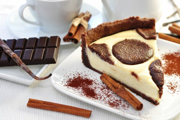 A piece of dessert with cinnamon and chocolate