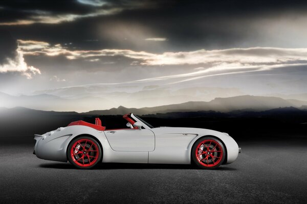 Coche blanco con discos rojos en la naturaleza