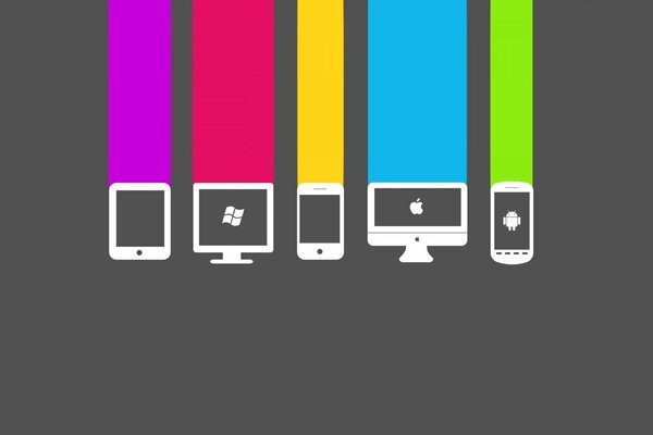 Symbole von Apple, Android, Windows, Telefon, Computer auf dunklem Hintergrund