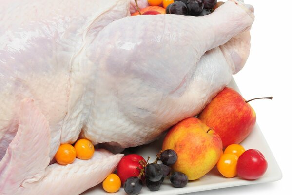 Poulet I baies et fruits sur fond blanc