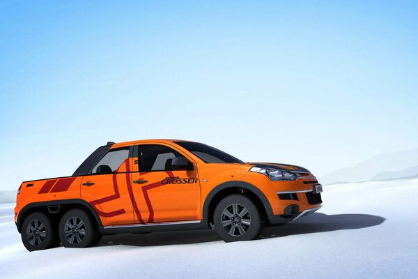 SUV orange sur fond de montagnes d hiver