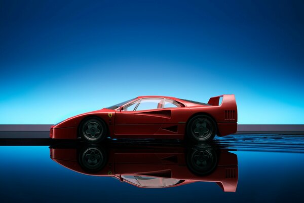 Ferrari F40 rojo con reflejo en agua azul