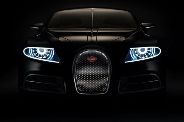 Black bugatti galibier with luminous headlights