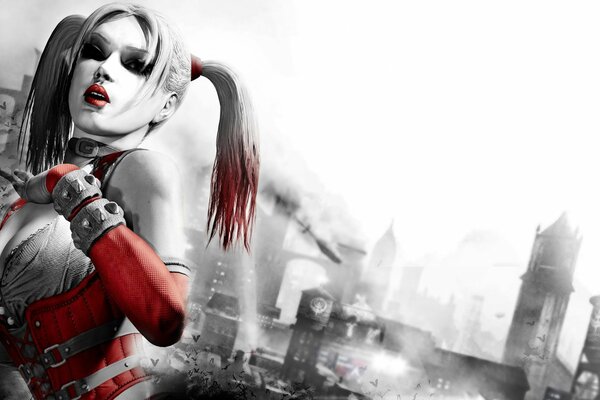 Harley Quinn sur le fond de arkham city